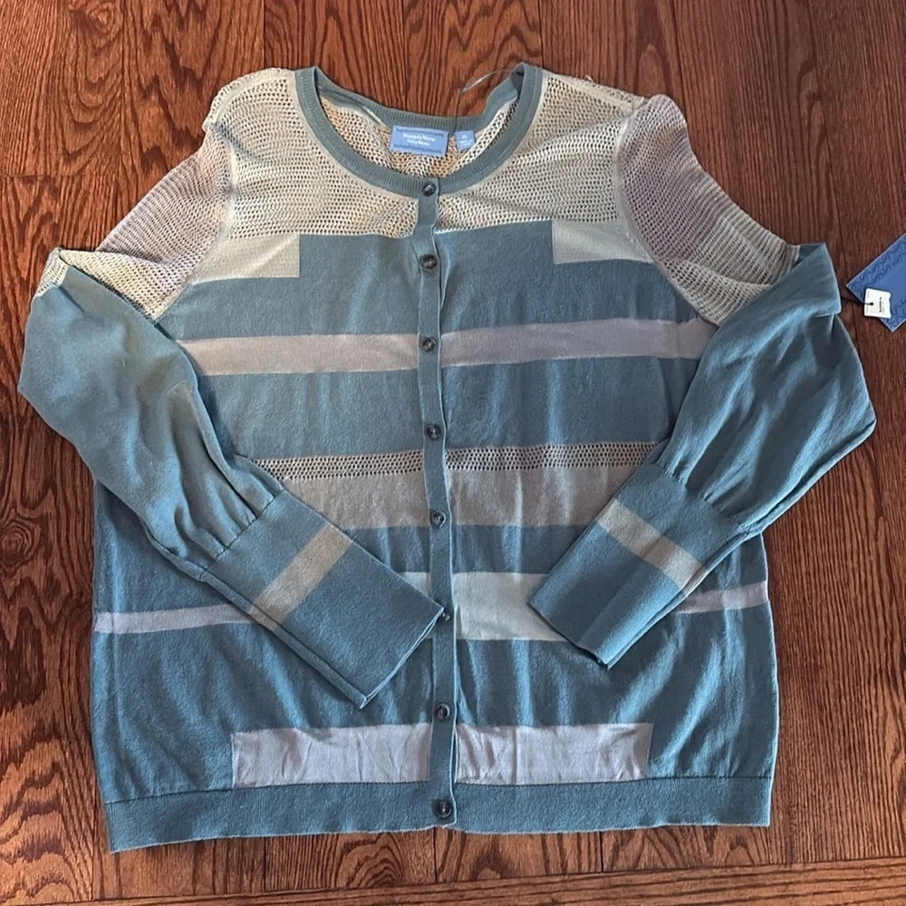Vera wang NEW teal green gray partial sheer cardigan netting mesh / button up XL